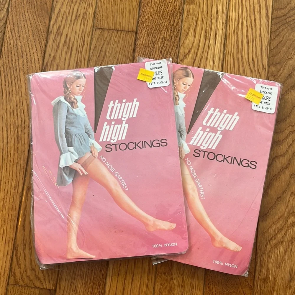 Vintage Deadstock‎ Thigh High Stockings Taupe OS 8.5-11 Thi-Hi 1960s Nylon USA